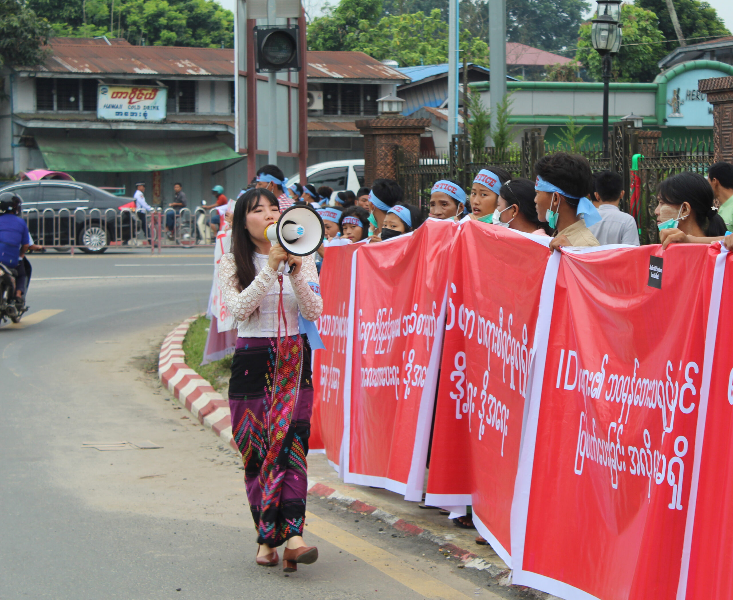 Kachin activist Sut Seng Htoi at a protest in the Kachin State capital, Myitkyina in September 2019. (Emily Fishbein | Frontier)