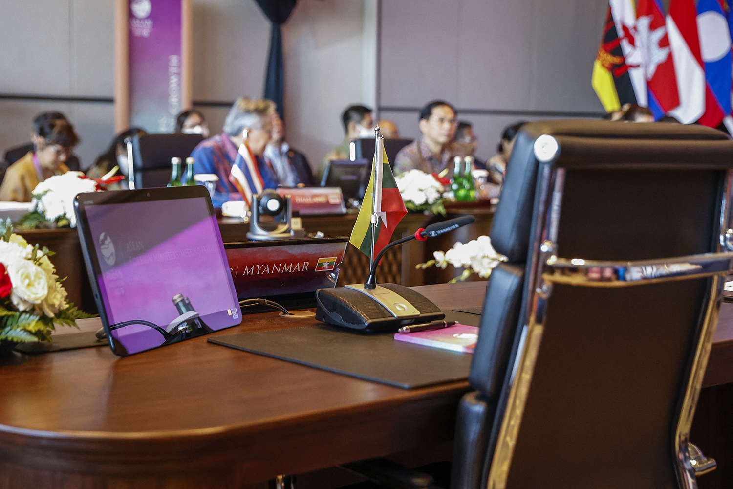 Vacant chair for Myanmar during the ASEAN foreign ministers' meeting in Labuan Bajo, Indonesia, on May 9, 2023. (AFP)