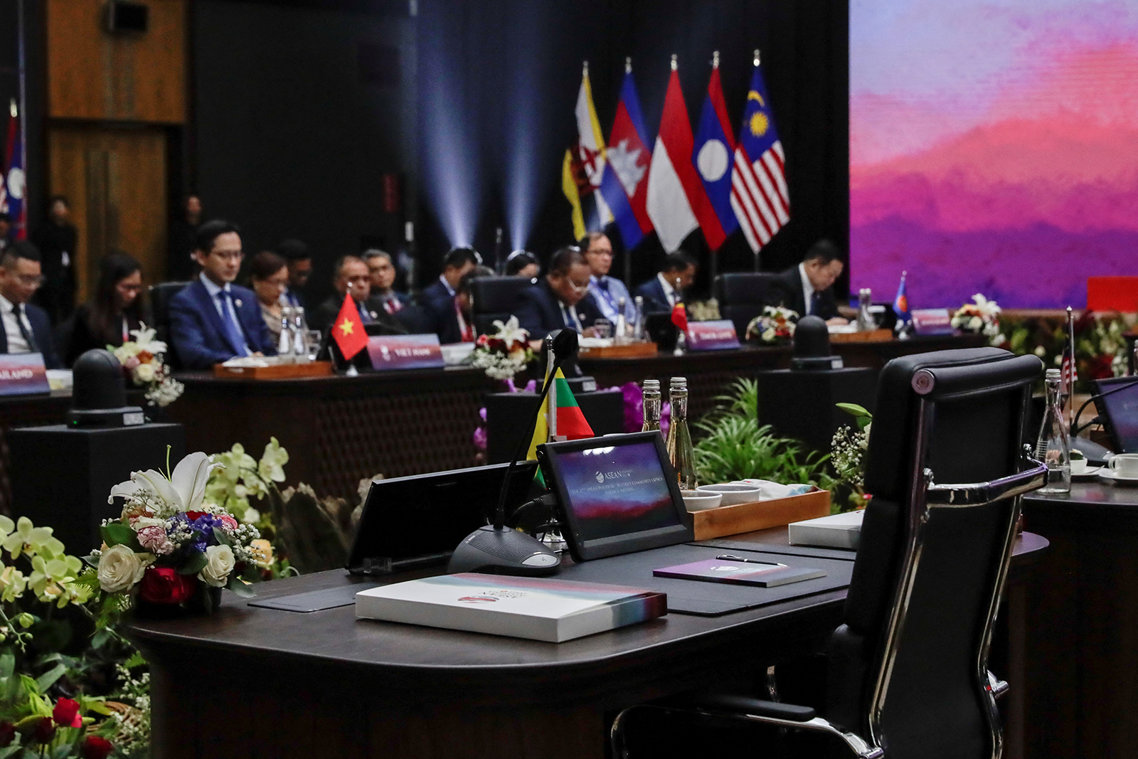 The seat reserved for Myanmar is left empty during the 27th ASEAN Political-Security Community Council Meeting ahead of the ASEAN Summit in Jakarta, on September 4. (AFP)
