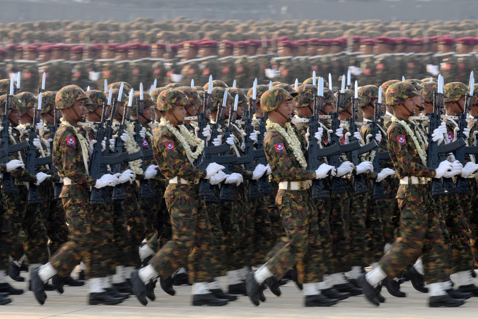 Tatmadaw soldiers take part in a parade to mark Myanmar's 78th Armed Forces Day in Nay Pyi Taw on March 27. (AFP)