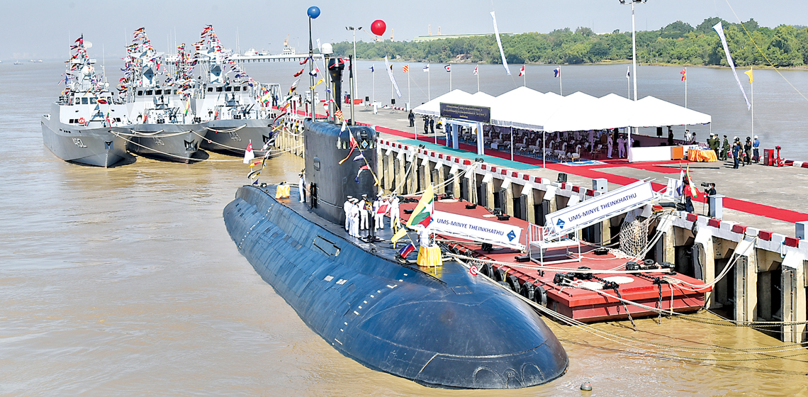 Naval ships including the attack submarine Minye Theinkhathu are put into operation on the Myanmar navy's 73rd anniversary on December 24, 2020. (Myawady)