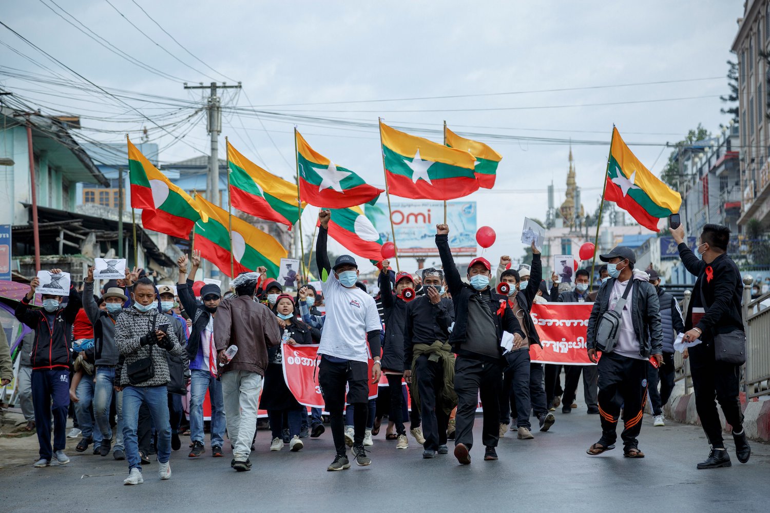 An anti-coup protest in Muse, northern Shan State, on February 8, 2021. (AFP)