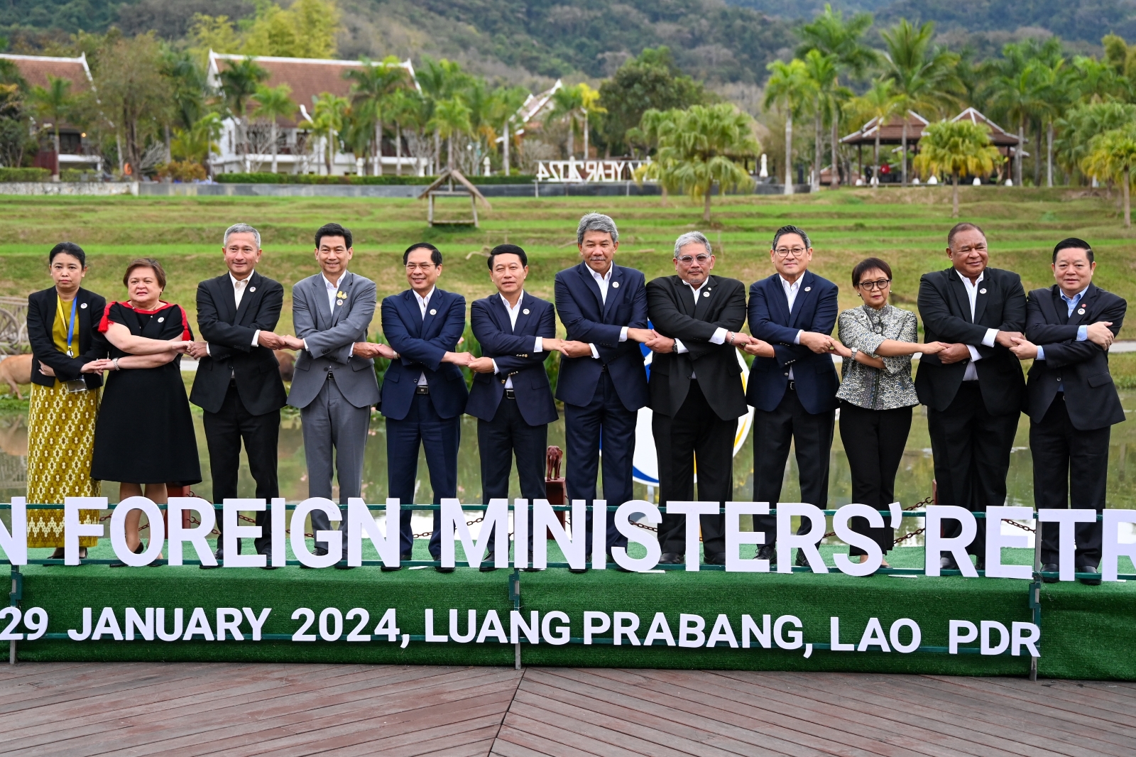 Group photo taken at the ASEAN foreign ministers' meeting in Luang Prabang on January 29, including the permanent secretary of Myanmar's foreign ministry Daw Marlar Than Htike on the far left. (AFP)