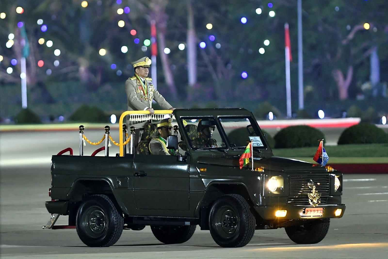 Junta chief Senior General Min Aung Hlaing arrives to deliver a speech during a ceremony to mark Myanmar's Armed Forces Day in Nay Pyi Taw on March 27. (AFP)