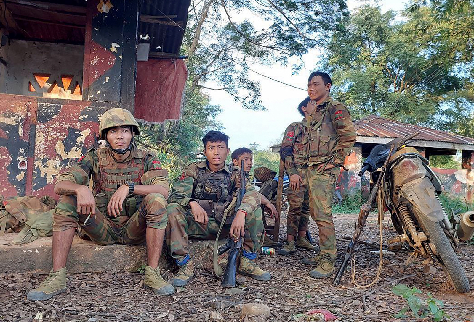 Members of the Ta'ang National Liberation Army gather in a captured military base in northern Shan State’s Hsipaw town on October 15. (AFP)