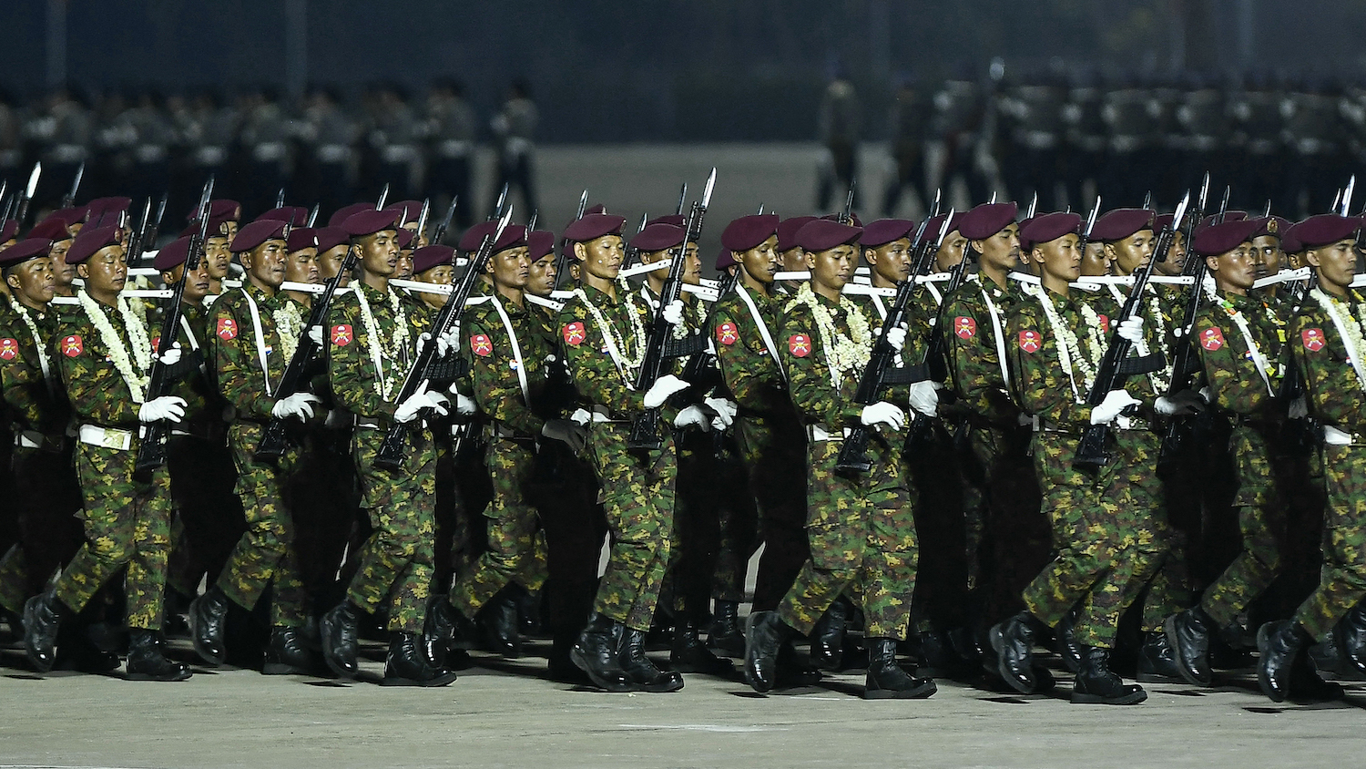 Soldiers parade during a ceremony to mark Armed Forces Day in Nay Pyi Taw on March 27, 2024. (AFP)