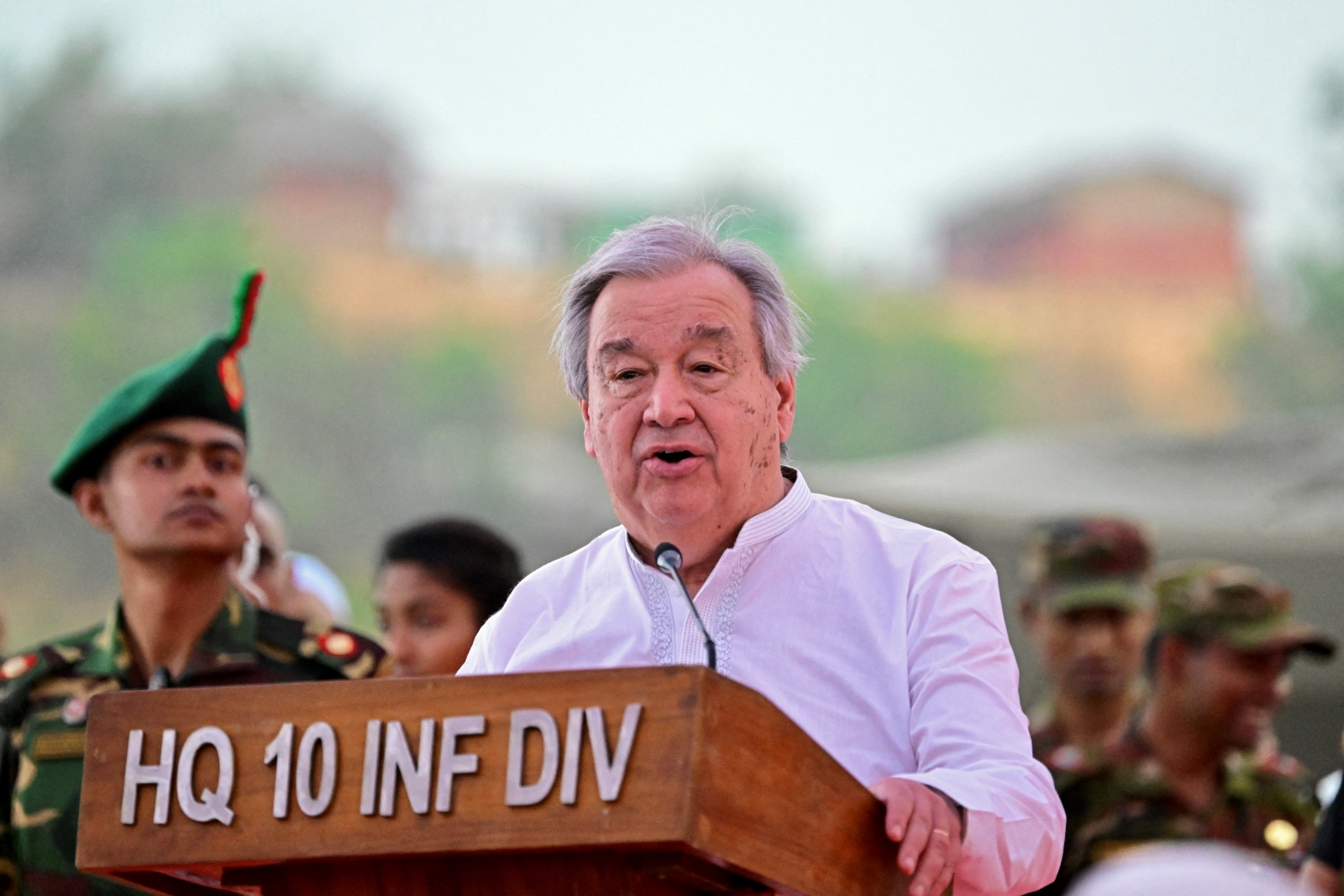 United Nations Secretary-General António Guterres speaks at camp for Rohingya refugees in Bangladesh’s Cox's Bazar district on March 14. (AFP)
