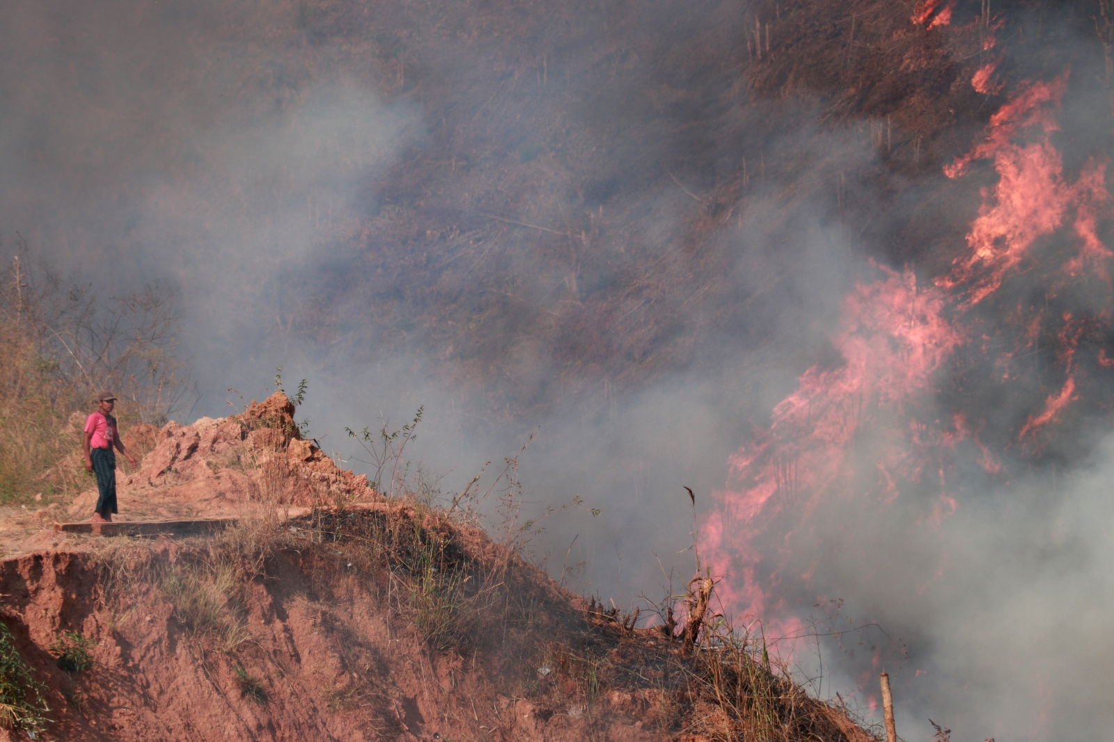 A man stands near burning paddy stubble during a slash and burn farming festival in southern Shan State’s Pekon Township on March 16. (AFP)