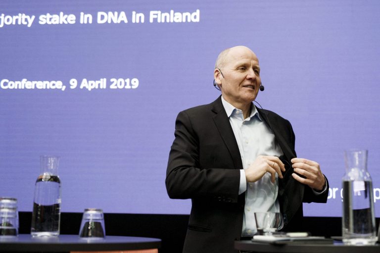 Mr Sigve Brekke, CEO of Telenor, talks at a press conference in April 2019. (AFP)