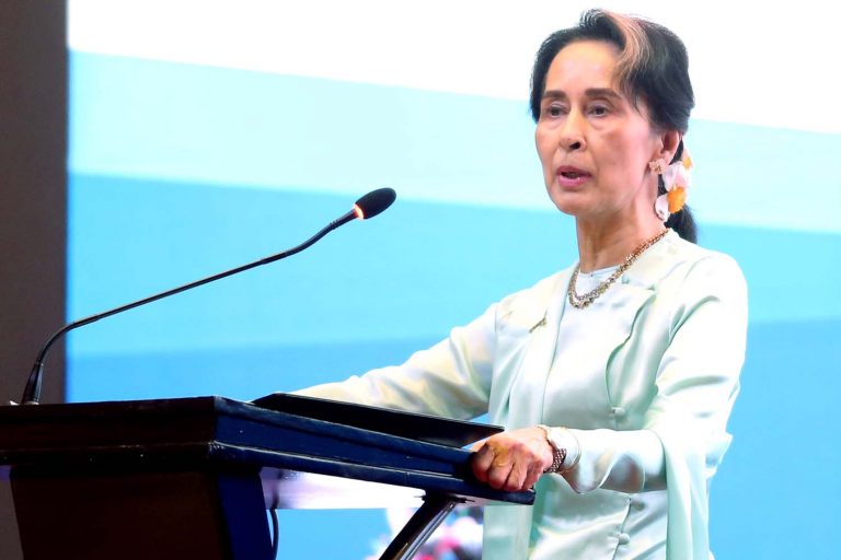 State Counsellor Daw Aung San Suu Kyi delivers the opening speech during the Myanmar-Japan-US Forum on Fostering Responsible Investment in Yangon on August 20, 2019. (AFP)