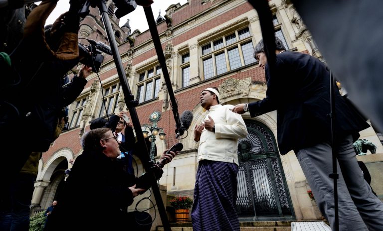 Tun Khin, president of the Burmese Rohingya Organization UK, speaks to the press outside the International Court of Justice in The Hague on January 23. Tun Khin on Monday said Myanmar has failed to abide by a previous ICJ ruling in a case brought by The Gambia accusing Myanmar of genocide against the Rohingya. (AFP)