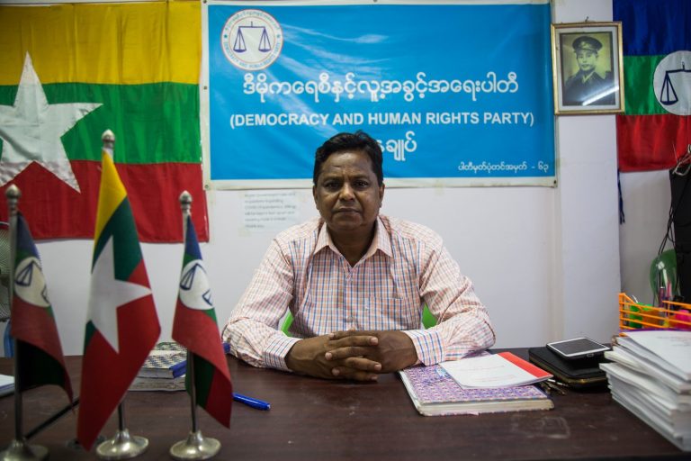 Rohingya candidate Abdul Rasheed, a member of the Democracy and Human Rights Party, poses for a photo in the party's office in Yangon on August 12. (AFP)