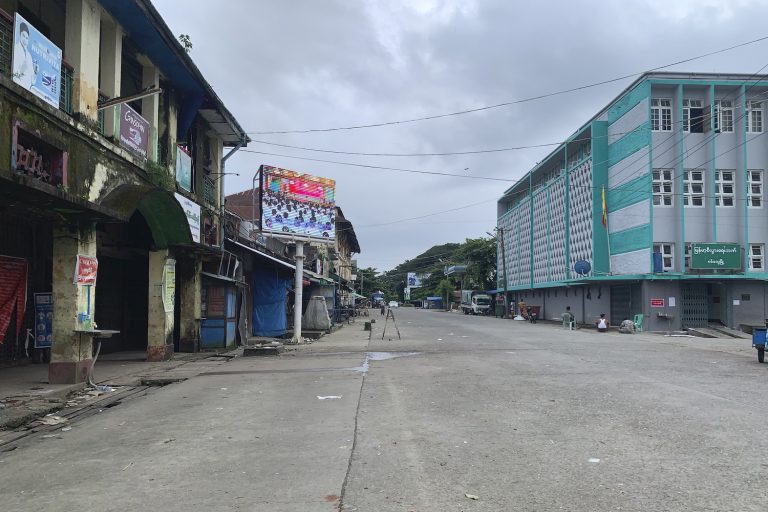 A deserted main street in the Rakhine State capital of Sittwe is pictured on August 23. Statewide stay-at-home orders to prevent the spread of COVID-19 have made campaigning difficult in the state, and near impossible in northern townships where severe restrictions on internet access have been in place for more than a year. (AFP)