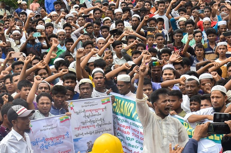 Rohingya refugees rally to demand repatriation at the Kutupalong refugee camp in Cox's Bazar. (AFP)