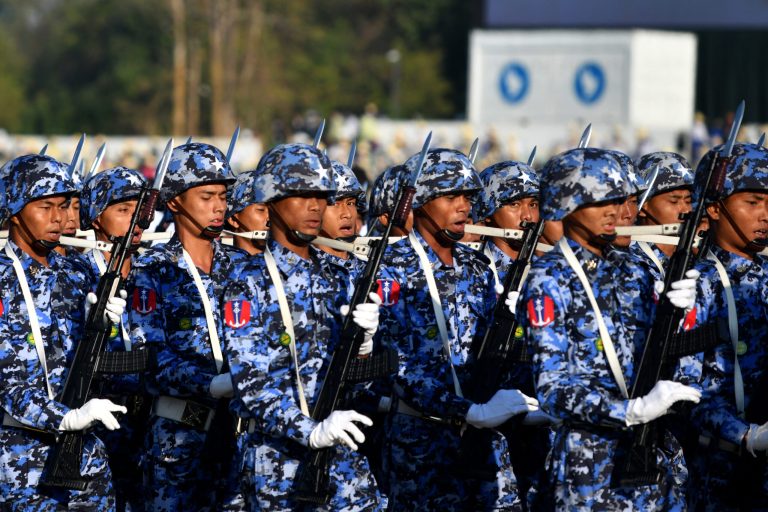 Tatmadaw soldiers march to mark Independence Day on January 4. (AFP)