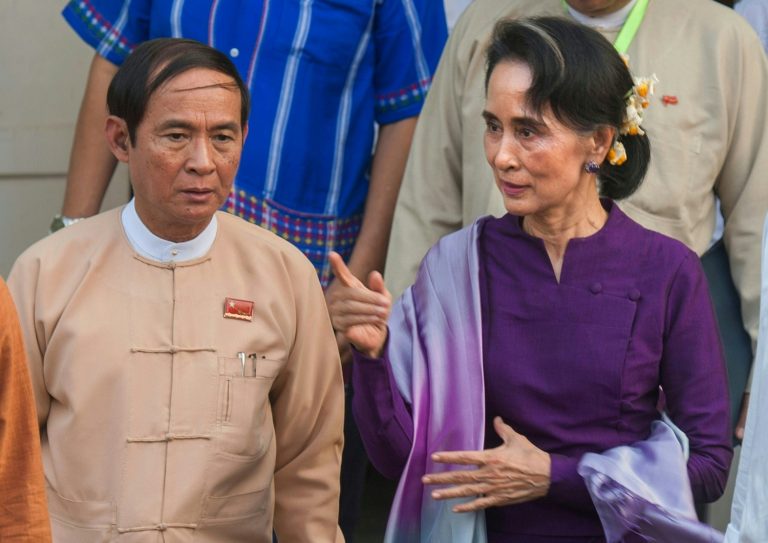 Daw Aung San Suu Kyi and U Win Myint, who were both detained by the military in the February 1 coup. (AFP)