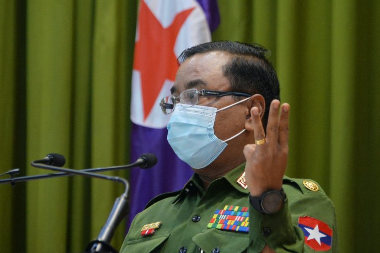 Tatmadaw spokeperson Brigadier-General Zaw Min Tun speaks during a press briefing at the Defence Service Museum in Nay Pyi Taw on January 26. (AFP)