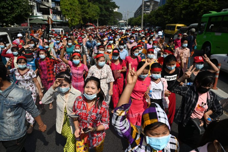 Garment workers and trade unions played a prominent role in the first mass protest in Yangon after the coup on February 6, 2021 (AFP)