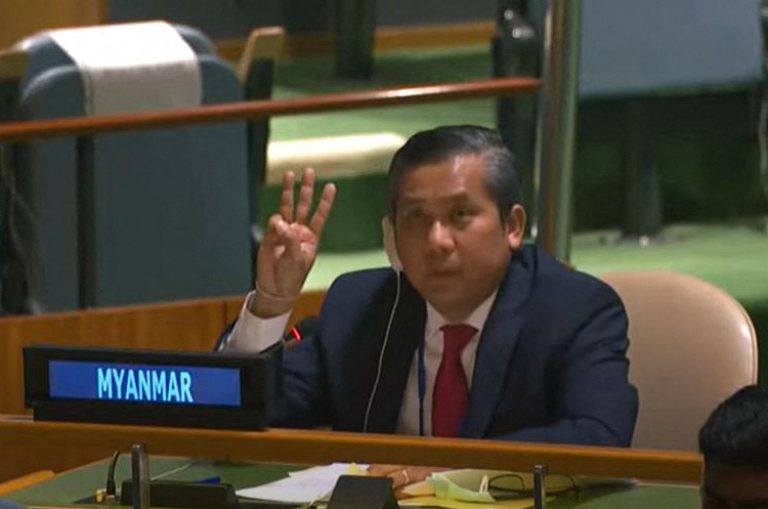 Myanmar's ambassador to the United Nations U Kyaw Moe Tun gives a three-finger salute as he addresses an informal meeting of the UN General Assembly on February 26 in New York. (AFP/United Nations via YouTube)