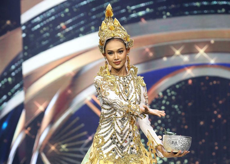 This handout photo taken on March 24 and released by the Miss Grand International beauty pageant on March 25 shows Miss Grand International contestant Han Lay taking part in the national costume part of the contest in Bangkok. (Miss Grand International/AFP)