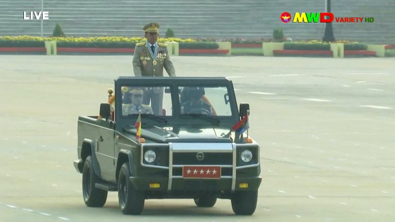 This screengrab provided via AFPTV and taken from a broadcast by Myawaddy TV on March 27 shows Tatmadaw chief Senior General Min Aung Hlaing attending an annual Armed Forces Day parade in Nay Pyi Taw. (AFP/Myawaddy TV)