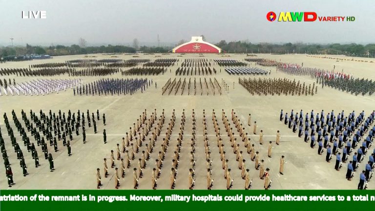 Tatmadaw forces are seen marching in Nay Pyi Taw on March 27 to mark Armed Forces Day in a screengrab from military-run Myawaddy TV.(AFP/ MYAWADDY)