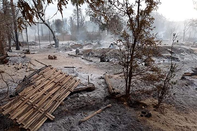 The remains of burnt houses in Kinma village in Pauk Township, Magway Region in June 2021. (AFP)