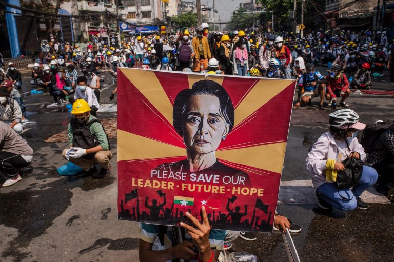 Protesters demand the release of Aung San Suu Kyi during a demonstration against the military coup in Yangon on March 2. (AFP)