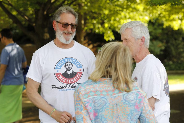 Buddy Fenster (L), father of detained journalist Danny Fenster, speaks to supporters in Huntington Woods, Michigan on June 04, 2021. (AFP)