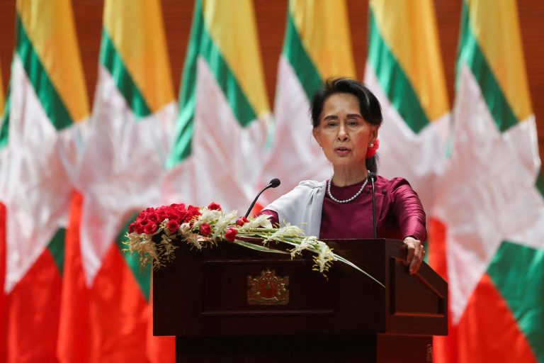 Myanmar's State Counsellor Aung San Suu Kyi delivers a national address in Naypyidaw on September 19, 2017. (AFP)