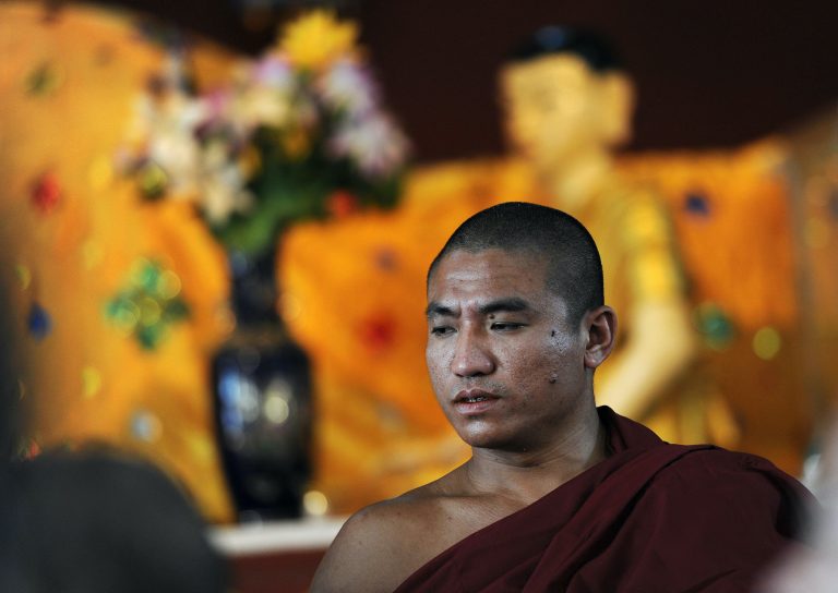 Myanmar dissident Buddhist monk Gambira attends a ceremony at a Yangon monastery on February 19, 2012. (AFP)