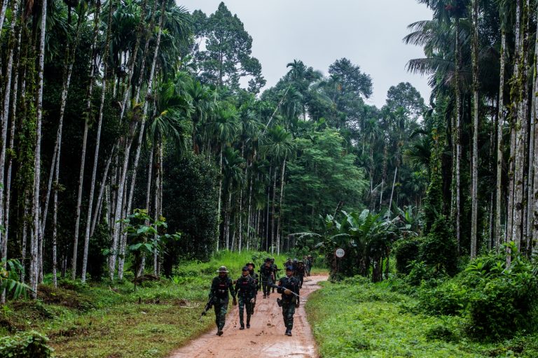 Members of the Tanintharyi People’s Defence Force march towards Tanintharyi Township’s Ban Law village, now under resistance control, on October 17.