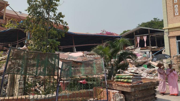 Collapsed building at the Bahosi Buddhist convent in Sagaing town on April 2. (Frontier)