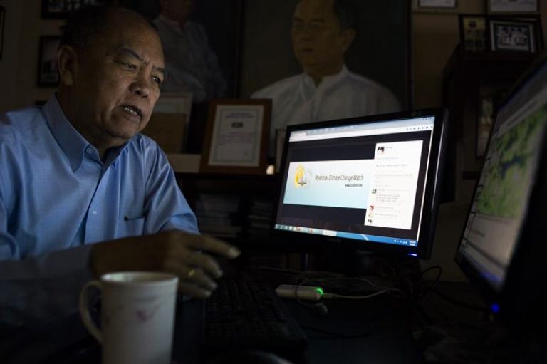 "Lots of rain this season, its very concerning," said Tun Lwin in his office on July 7. (Ann Wang / Frontier)