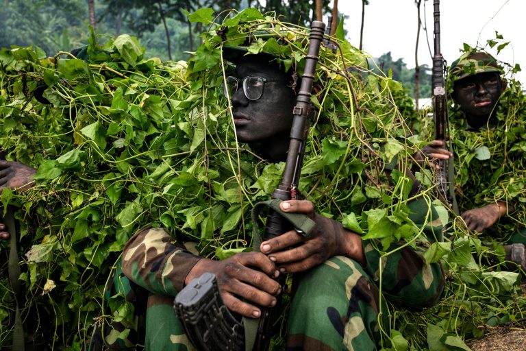 Members of a People's Defence Force attend military training in territory controlled by an ethnic armed group in October 2021. (Frontier)