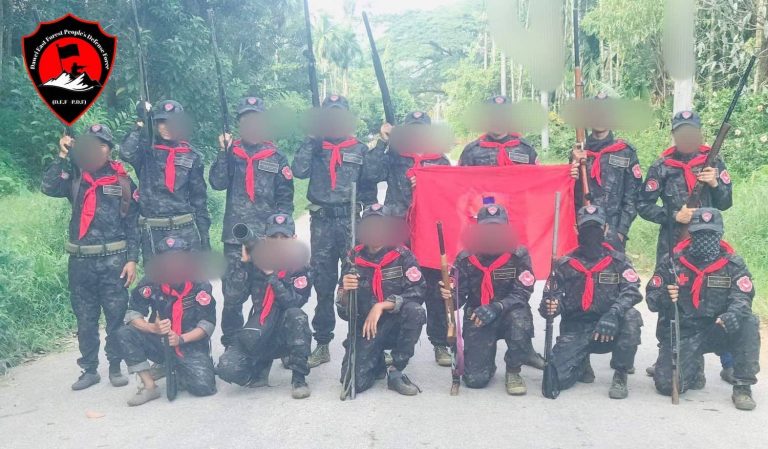 Members of the Dawei East Forest People's Defense Force pose in uniform. (Supplied)