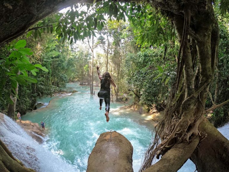 Jumping from Nant Mon Gyi Waterfall. (Dominic Horner | Frontier)