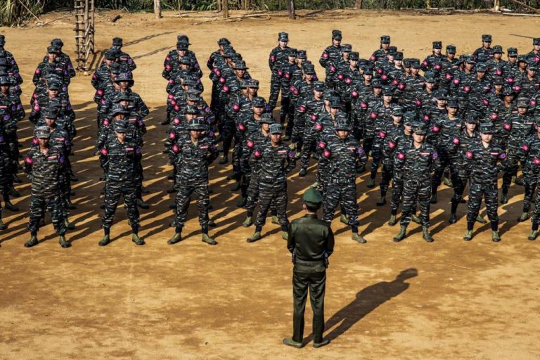 Arakan Army soldiers train in the Kachin Independence Army headquarters of Laiza, Kachin State, in 2019. (Frontier)