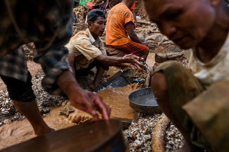 Miners pan for rubies and other gemstones in a mine in Mandalay Region’s Mogok Township on May 16, 2019. (AFP)