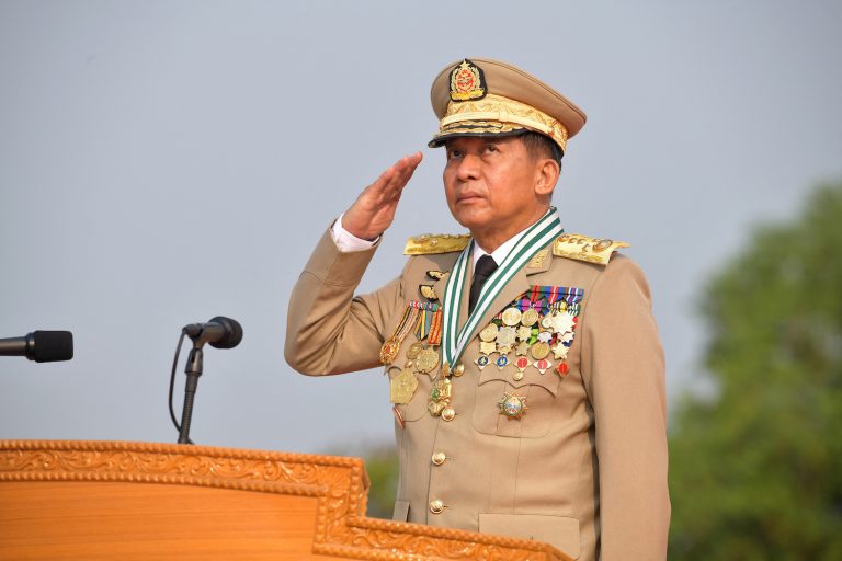 Senior General Min Aung Hlaing attends a ceremony to mark Armed Forces Day in Nay Pyi Taw on March 27, 2022. (AFP)