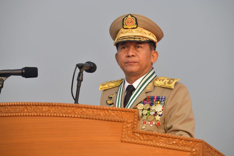 Junta chief Senior General Min Aung Hlaing attends an Armed Forces Day ceremony in Nay Pyi Taw on March 27, 2022. (Myanmar Military Information Team | AFP)