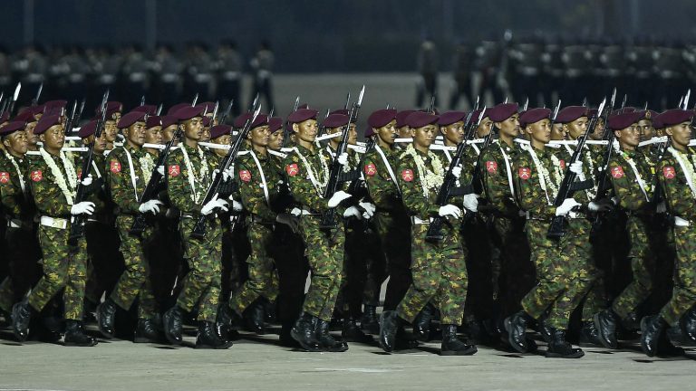 Soldiers parade during a ceremony to mark Armed Forces Day in Nay Pyi Taw on March 27, 2024. (AFP)