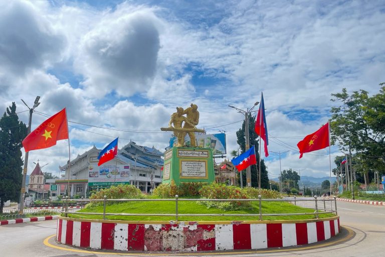 Myanmar National Democratic Alliance Army and Three Brotherhood Alliance flags raised in northern Shan State’s Lashio town on August 10, 2024. (AFP)