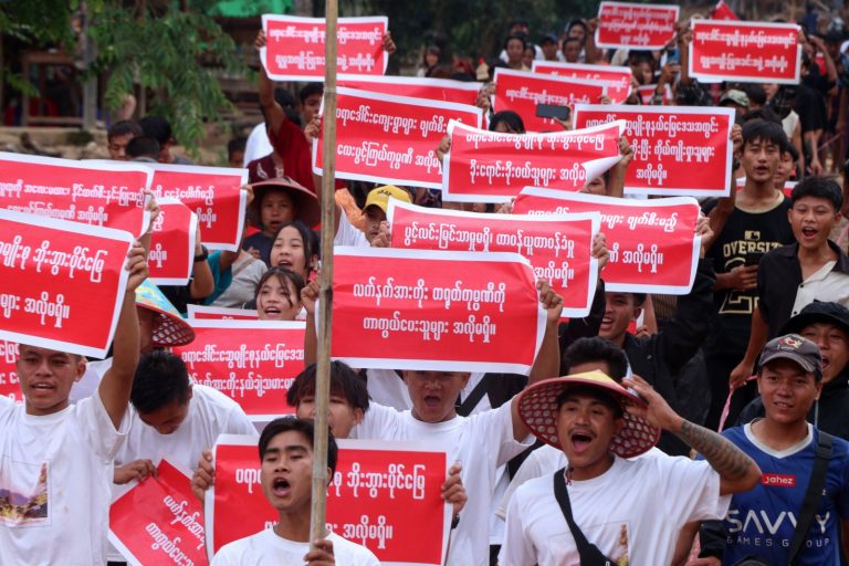 Protesters from the Pradawng tribe demonstrate against a China-backed battery metal mine in eastern Shan State’s Pekon Township on May 2. (AFP)
