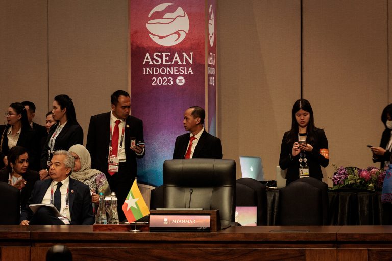 The seat for Myanmar remains empty before the 26th ASEAN-China Summit at the 43rd ASEAN Summit in Jakarta on September 6. (AFP)