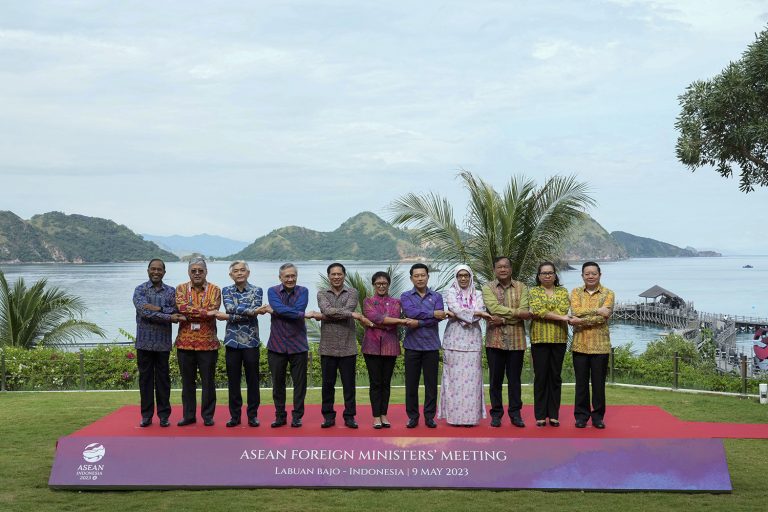 ASEAN foreign ministers, and East Timor’s Foreign Minister and the ASEAN secretary general pose for a family photo during the blooc’s Foreign Ministers’ Meeting ahead of the 42nd ASEAN Summit in Labuan Bajo on May 9, 2023. The Myanmar junta minister was not invited. (AFP)