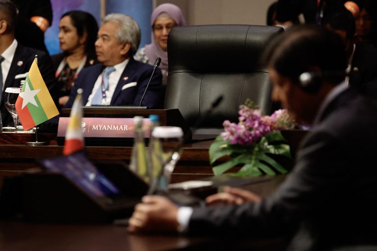 An empty seat for Myanmar's delegate is seen during the plenary session of the ASEAN Summit in Jakarta on September 5. (AFP)