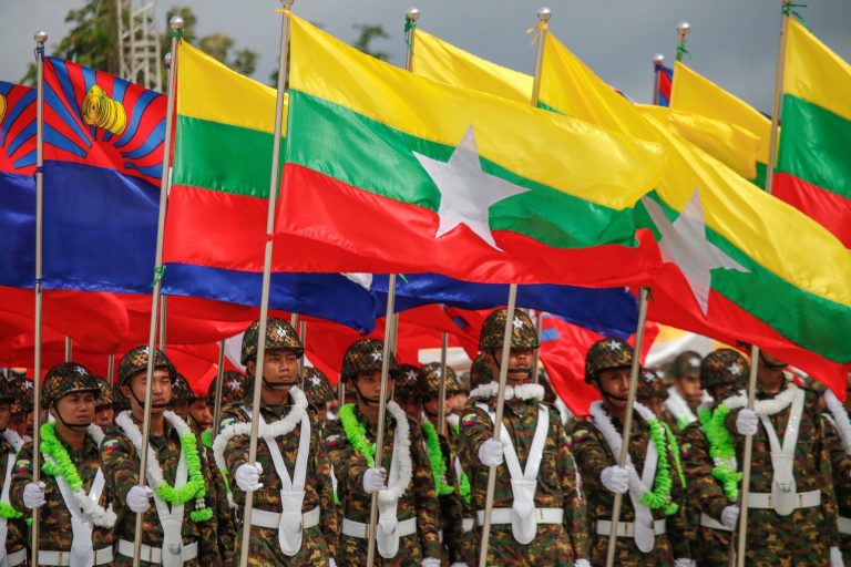 Soldiers of the Kayin State Border Guard Force, now renamed as parade in a ceremony at Shwe Kokko to mark the group’s ninth anniversary in 2019. (Frontier)