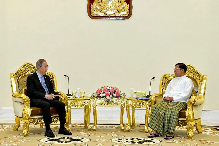 Former United Nations secretary general Ban Ki-moon meets with Senior-General Min Aung Hlaing in Nay Pyi Taw on April 24, 2023. (AFP)