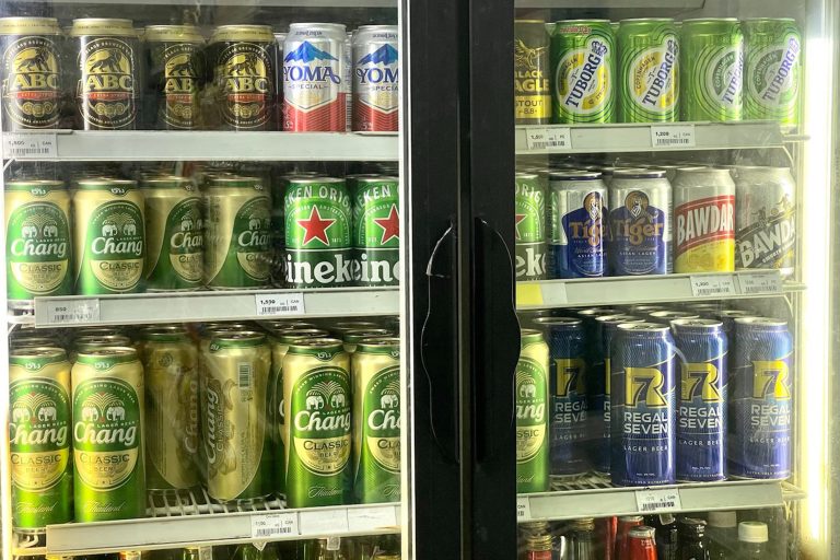 A variety of beers on offer at a convenience store in Yangon. (Frontier)